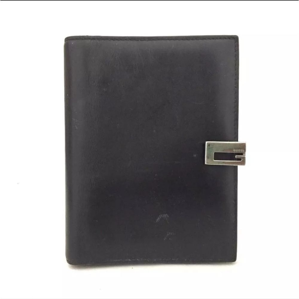Authentic GUCCI G Logo Black Leather Agenda Notebook Cover/6X1318